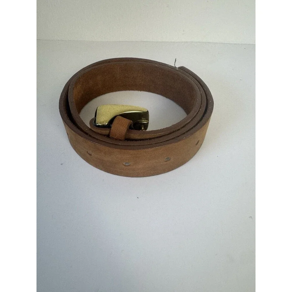 Vintage Brown Genuine Leather Belt Brass Buckle - Unisex Size Medium
